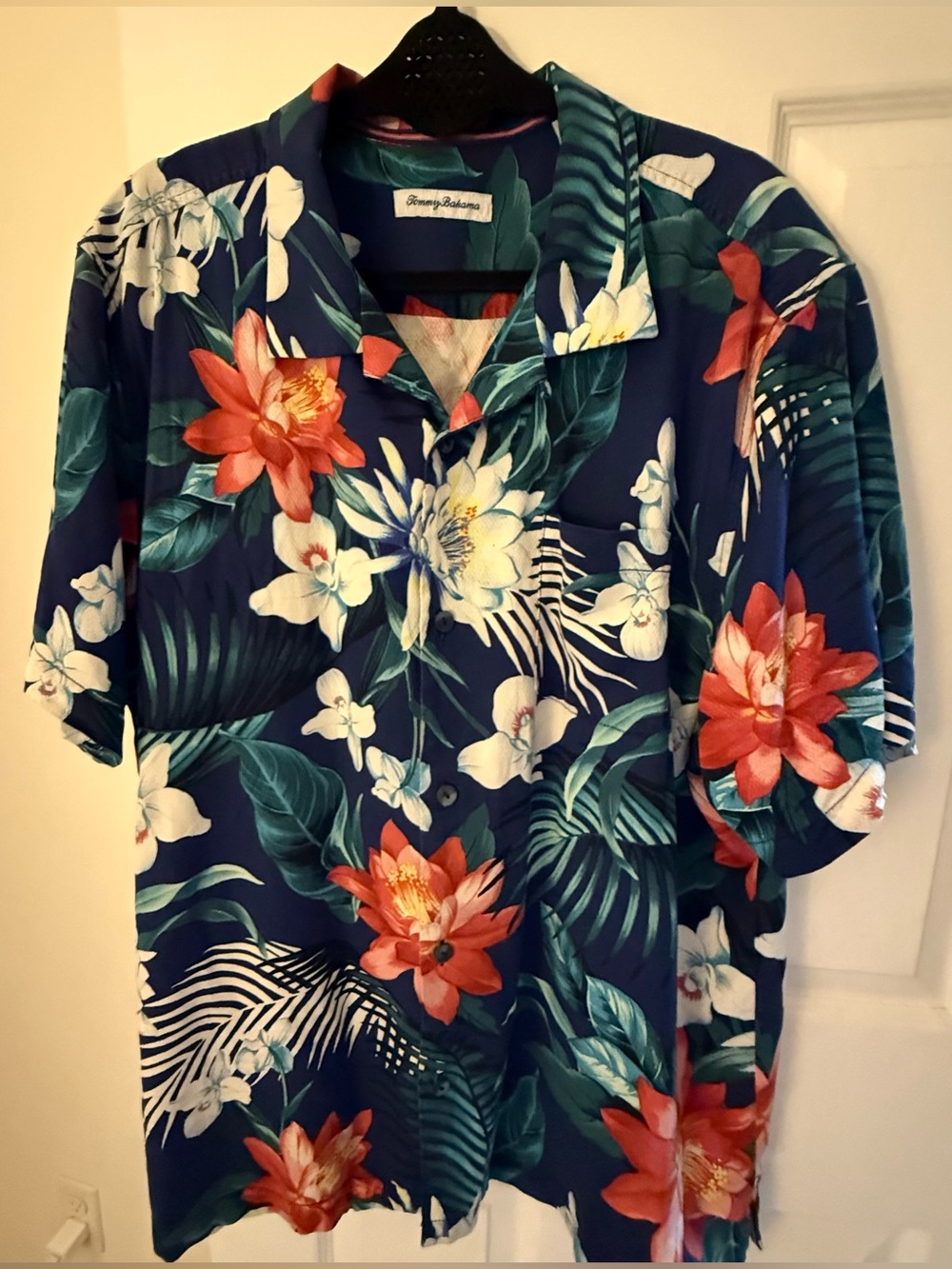 Tommy Bahama Navy Floral Button-Down Camp Shirt with Red and White Blooms